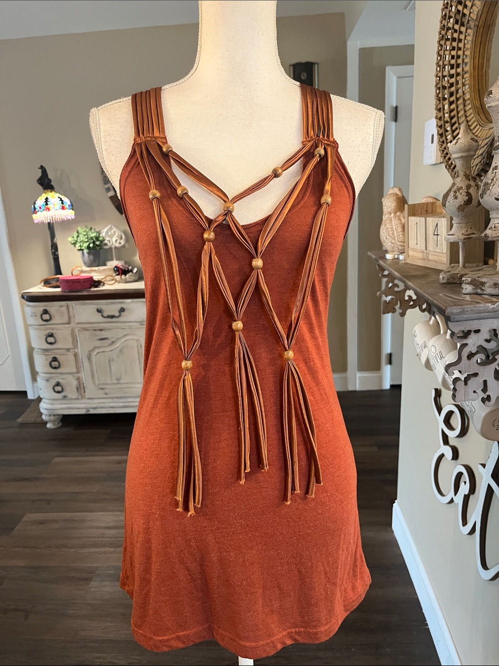 Mur Mur Boho Women’s Rust Braided Tassel Tank Top